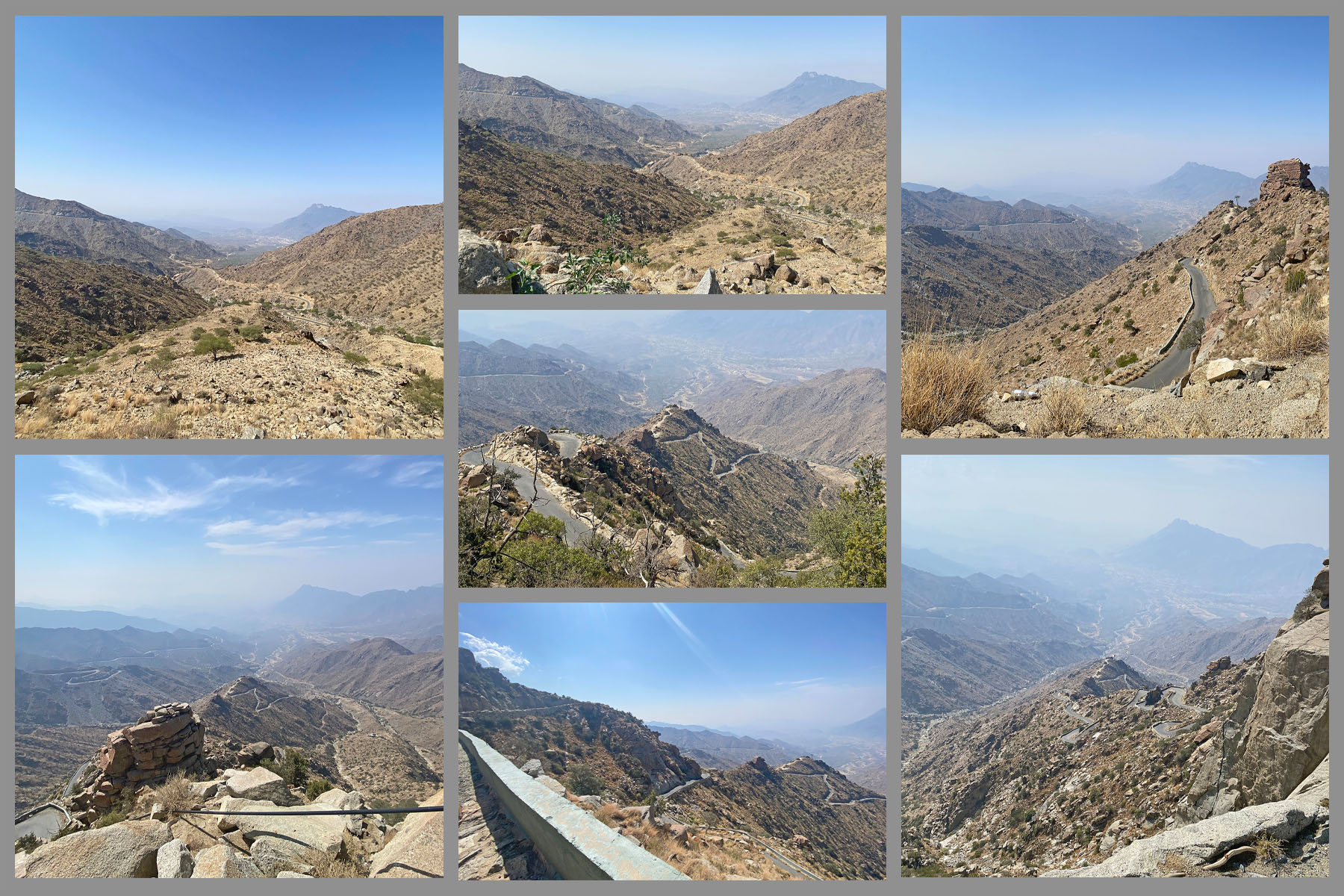 Cycling Sinan Road (Al Meger), Saudi Arabia - photo collage shows views along climb, looking down roadway, jagged rocks, high desert landscape