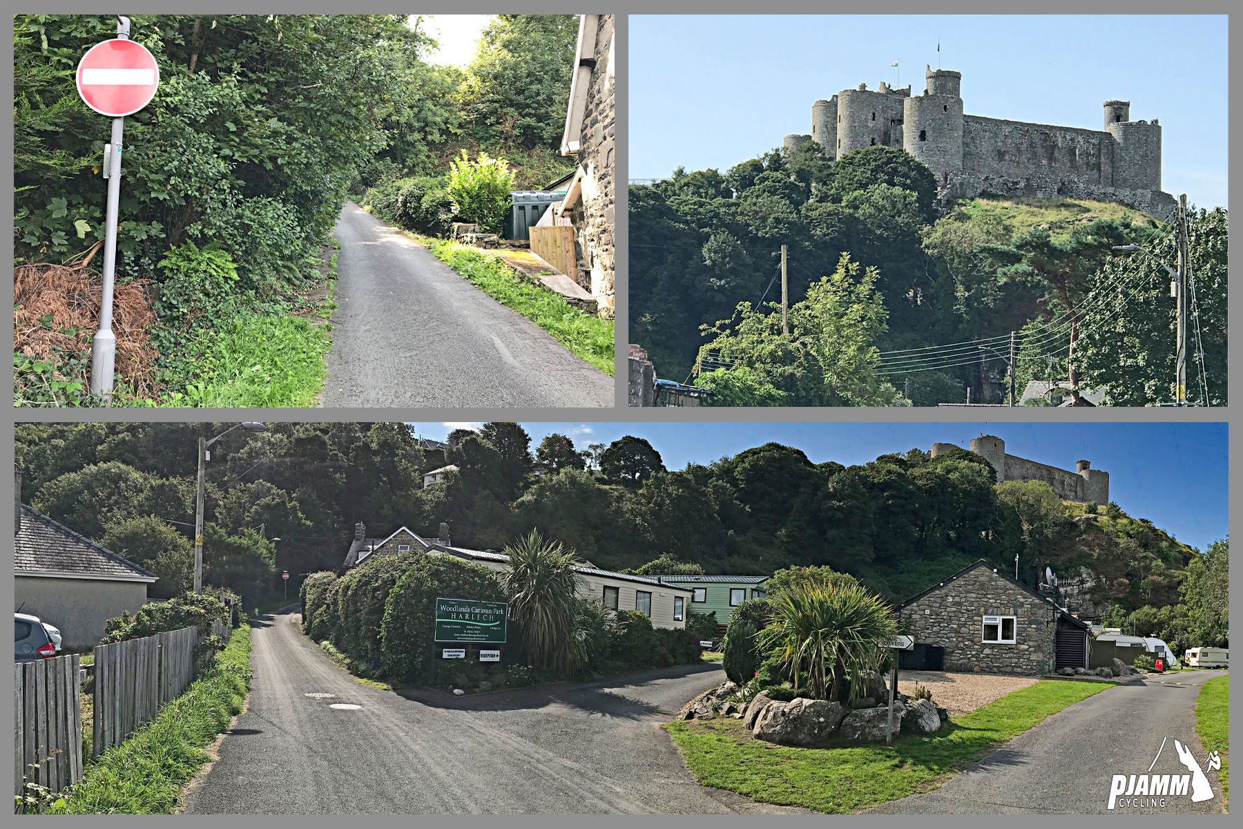 Cycling Ffordd Pen Llech, Wales - photo collage, PJAMM Cycling logo in corner, straight segment of narrow, one-lane, extremely steep roadway surrounded by greenery, beginning of climb within town, Harlech Castle on hilltop in distance