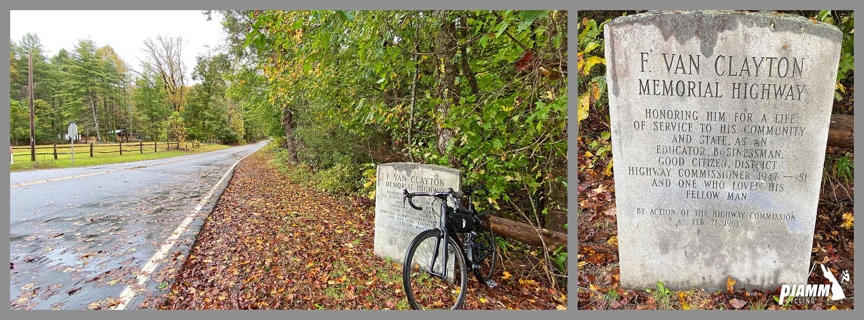 Cycling Sassafras Mountain, South Carolina - bike parked next to stone sign that looks like headstone which reads in part "F. Van Clayton Memorial Highway, Honoring him for a life of service to his community and state..."