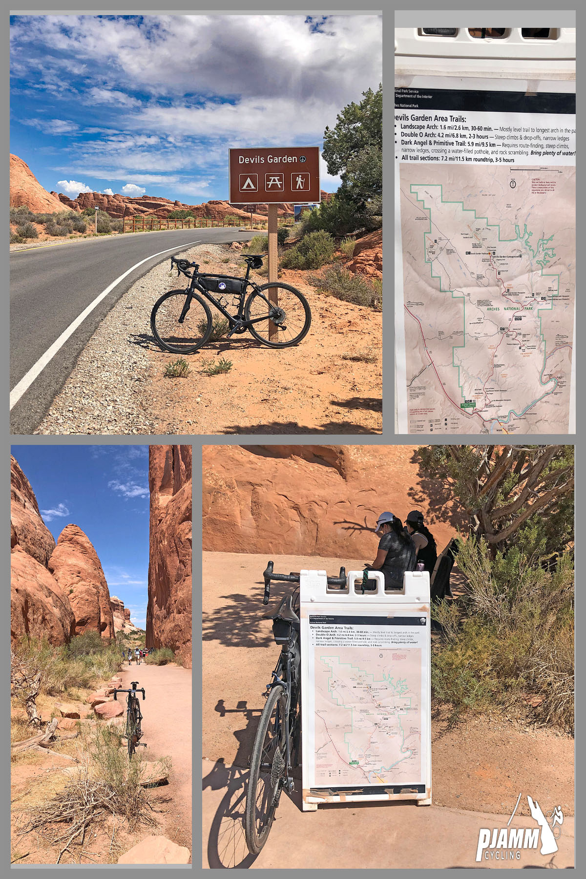 Cycling Arches National Park, Utah - photo collage, PJAMM Cycling logo in corner, signs and views at the Devils Garden Loop Trail, bike parked next to sign at hike's start, informational signs with maps of hike