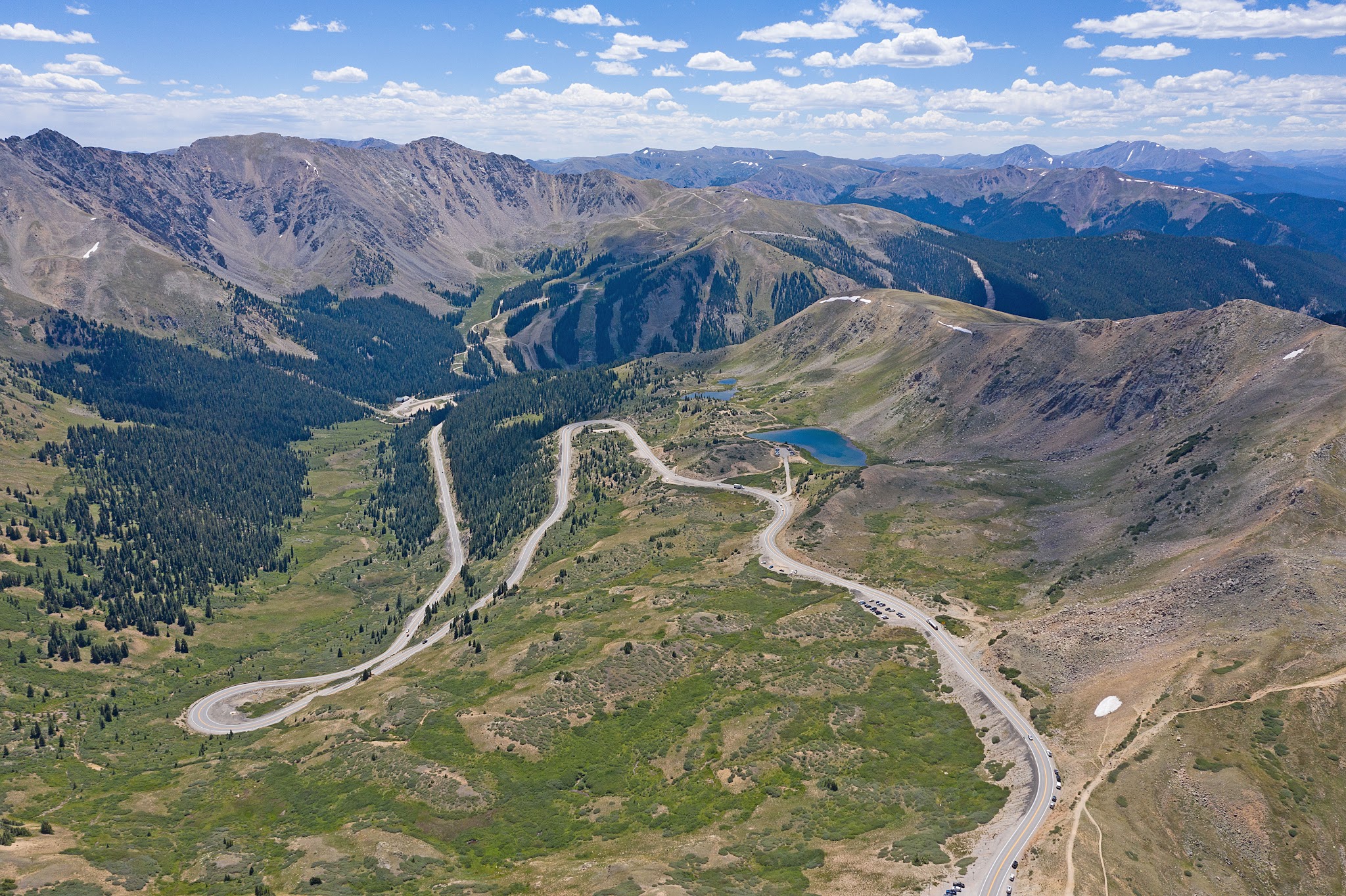 Cycling Loveland Pass South - aerial drone view of switchbacks last two miles of climb