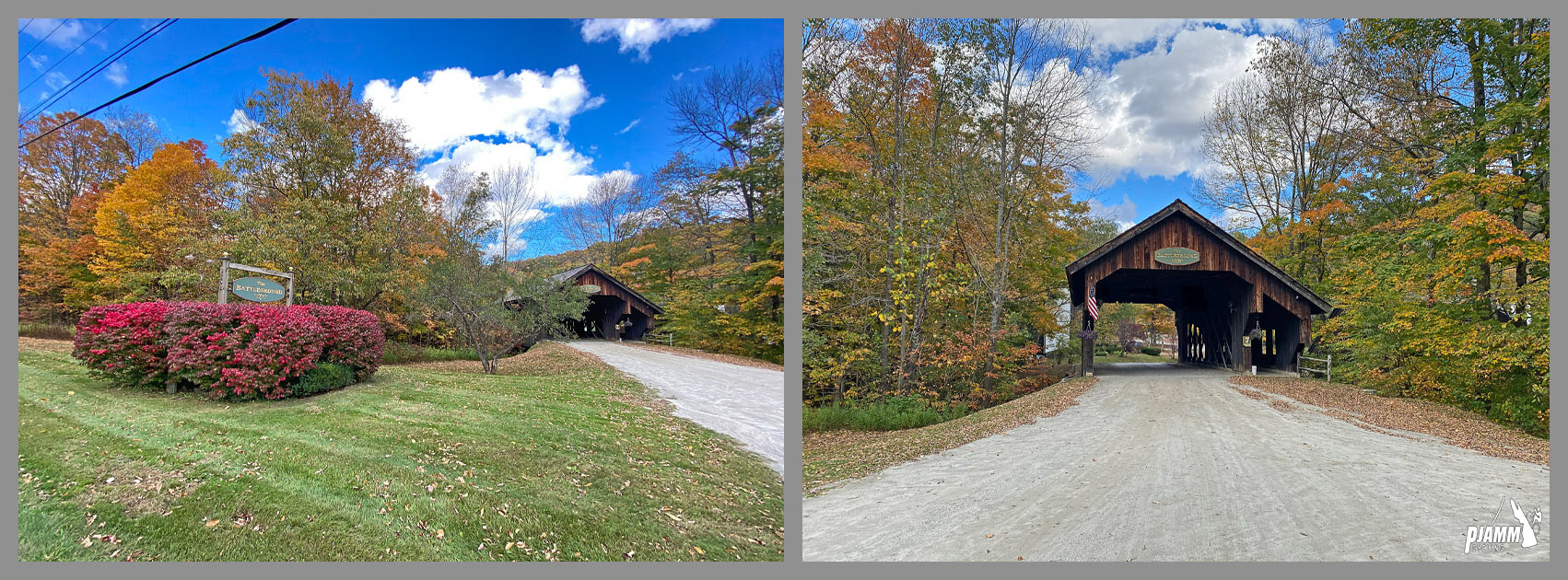 Cycling Appalachian Gap East, Vermont - covered bridge, fall foliage
