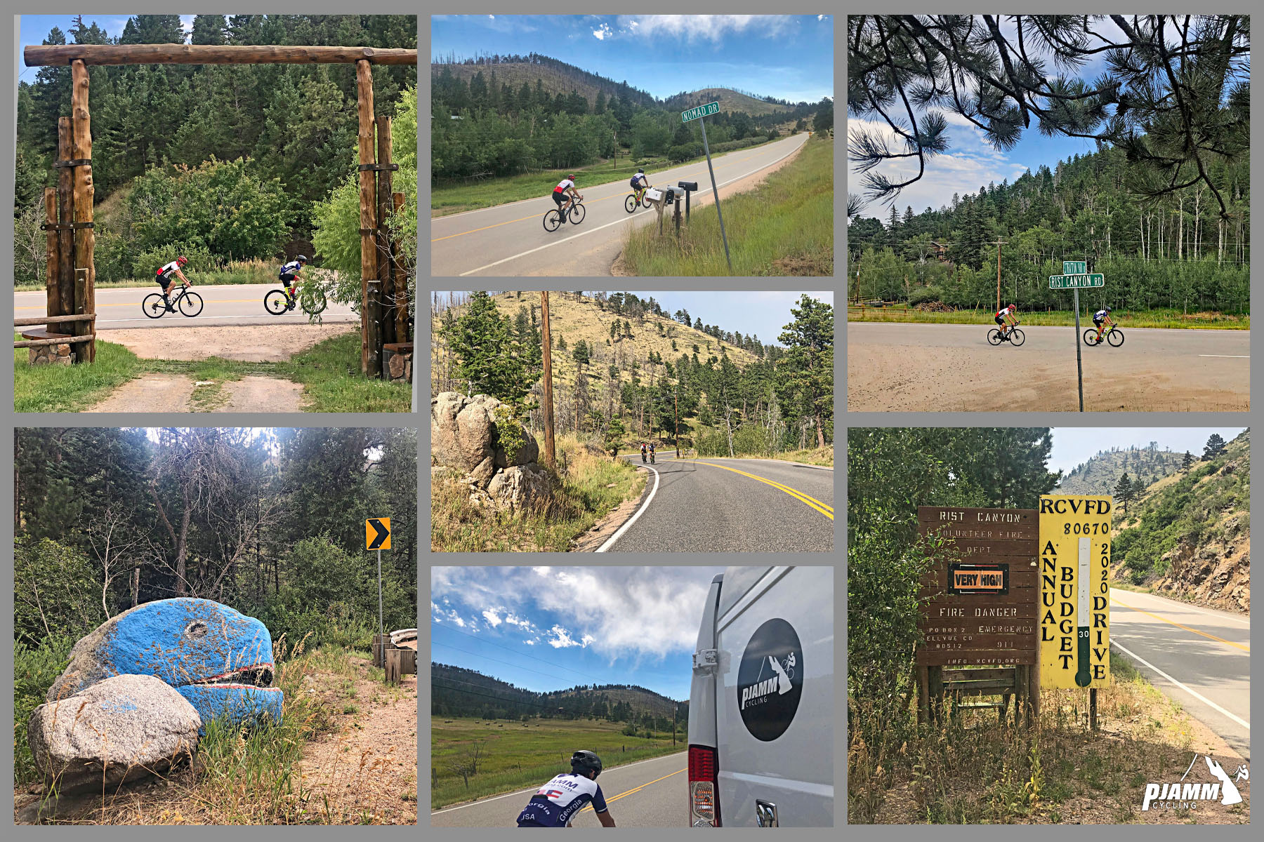 Cycling Rist Canyon East - photo collage, PJAMM Cycling logo in corner, vies along roadway near Bellvue and beyond, including boulder painted bright blue with dinosaur face on it, sign with info on Rist Canyon Fire Department's annual budget