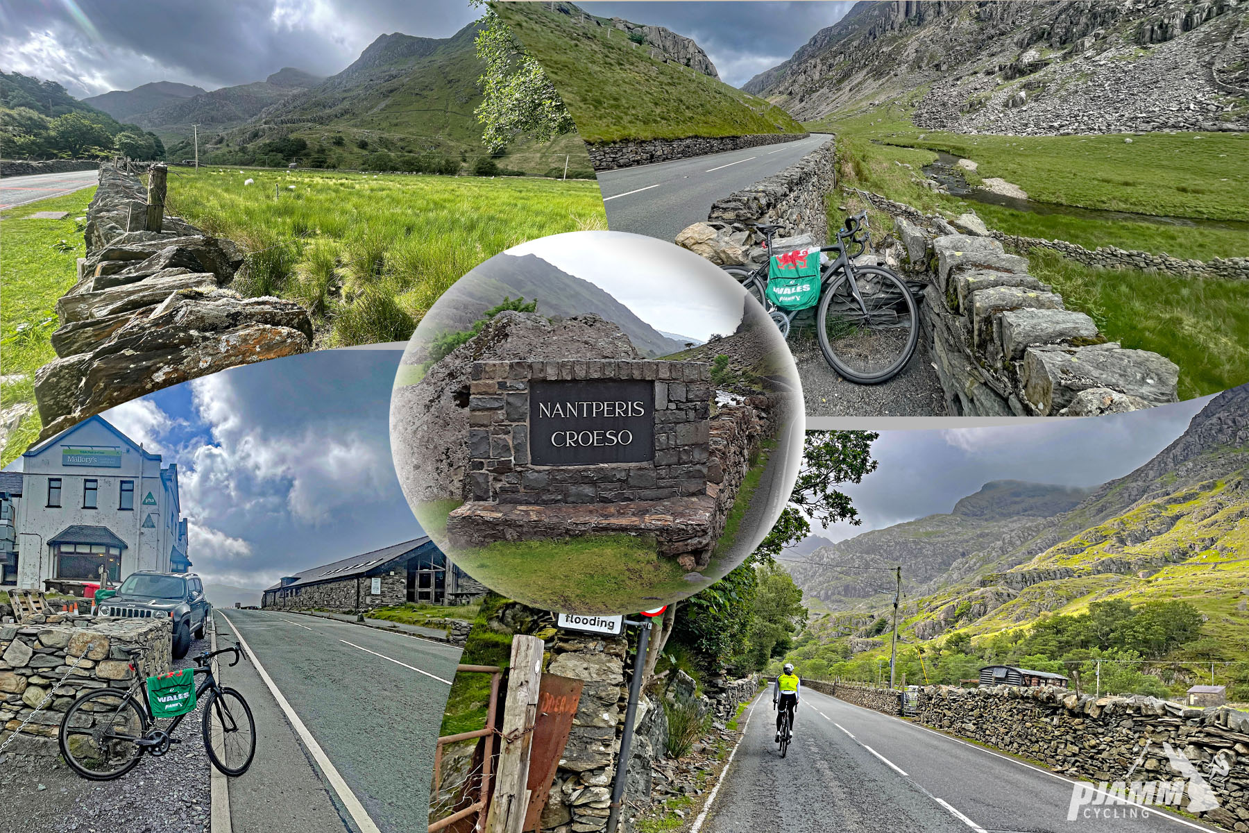 photo collage shows views along the climb, climb start at Nant Paris and climb end at Pen y Pass, Llanberis Pass