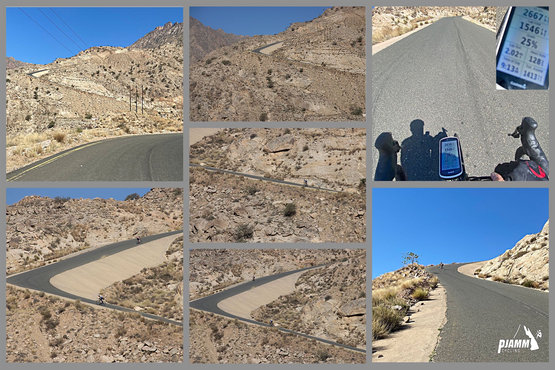 Cycling Rdom Pass, Asir Mountains - photo collage shows switchbacks on a beautifully paved mountain roadway, brown, high desert and mountain landscape, Garmin device reads 25% grade, PJAMM Cycling logo in corner