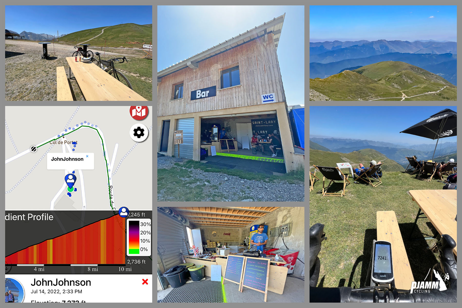 Cycling Col de Portet snack shack, port-o-potty, and benches/chairs at the finish