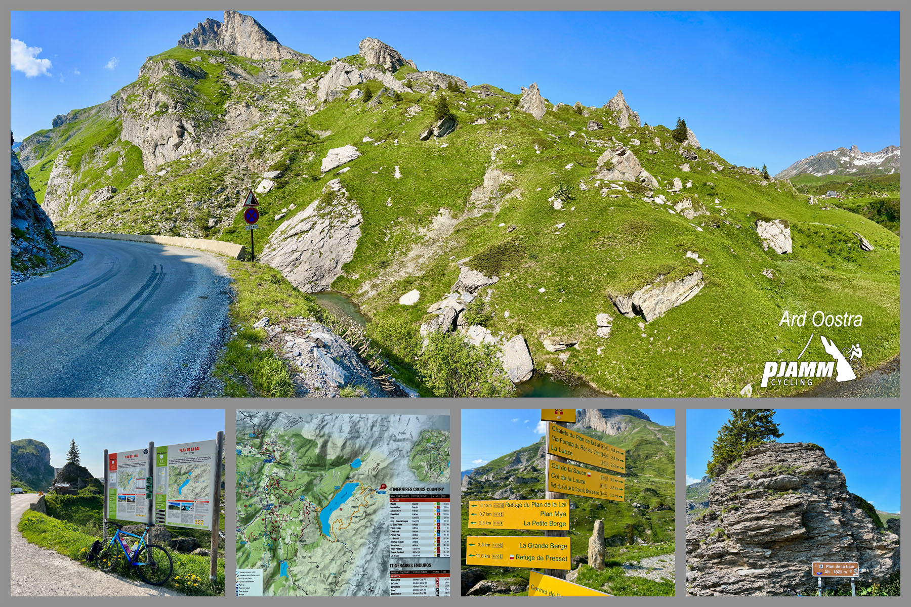photo collage shows informational and road signs along route, and beautiful green mountainsides with large rock slabs peeking through grass