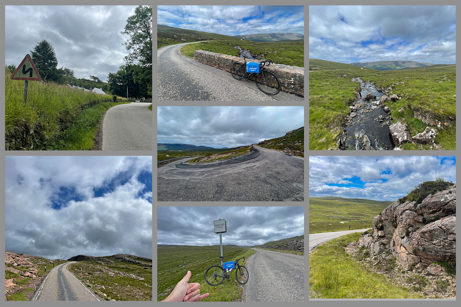 photo collage shows views on first 1.5 miles of the climb; road signs warning of swithcbacks; bike parked against low concrete retaining wall, green hillsides