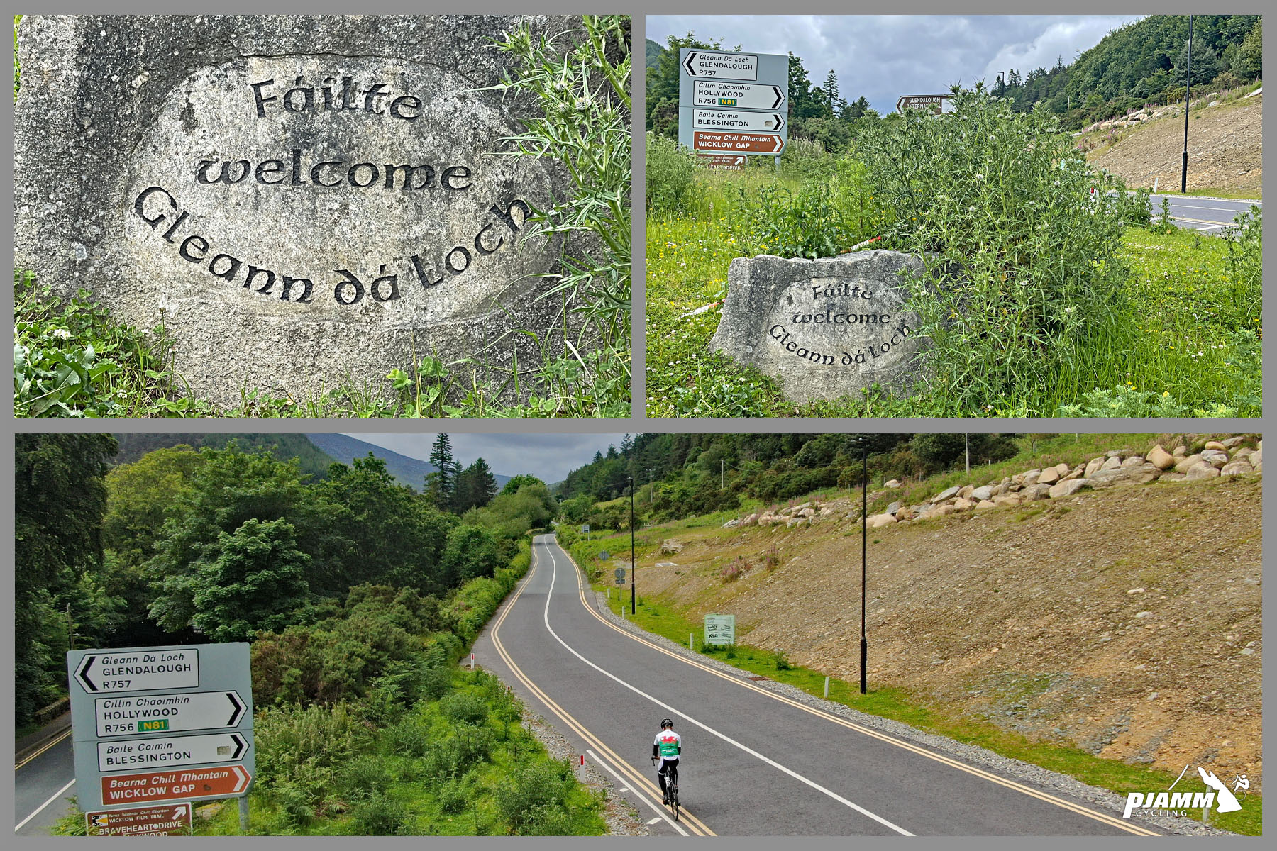 Cycling Wicklow Gap East, Ireland stone monument welcomes to Glendalough, County of Wicklow