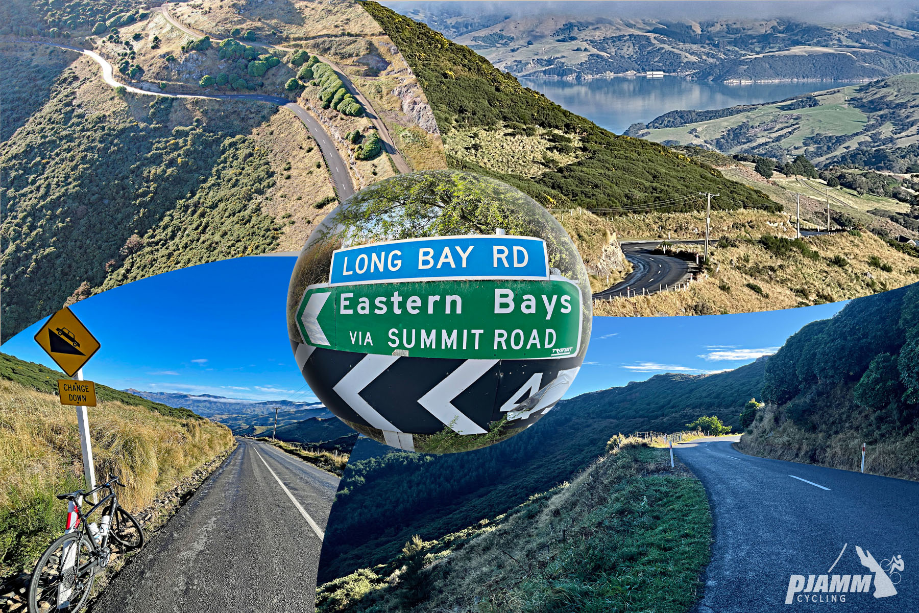 photo collage, road signs for Long Bay Road, Eastern Bays via Summit Road, aerial drone views of roadway