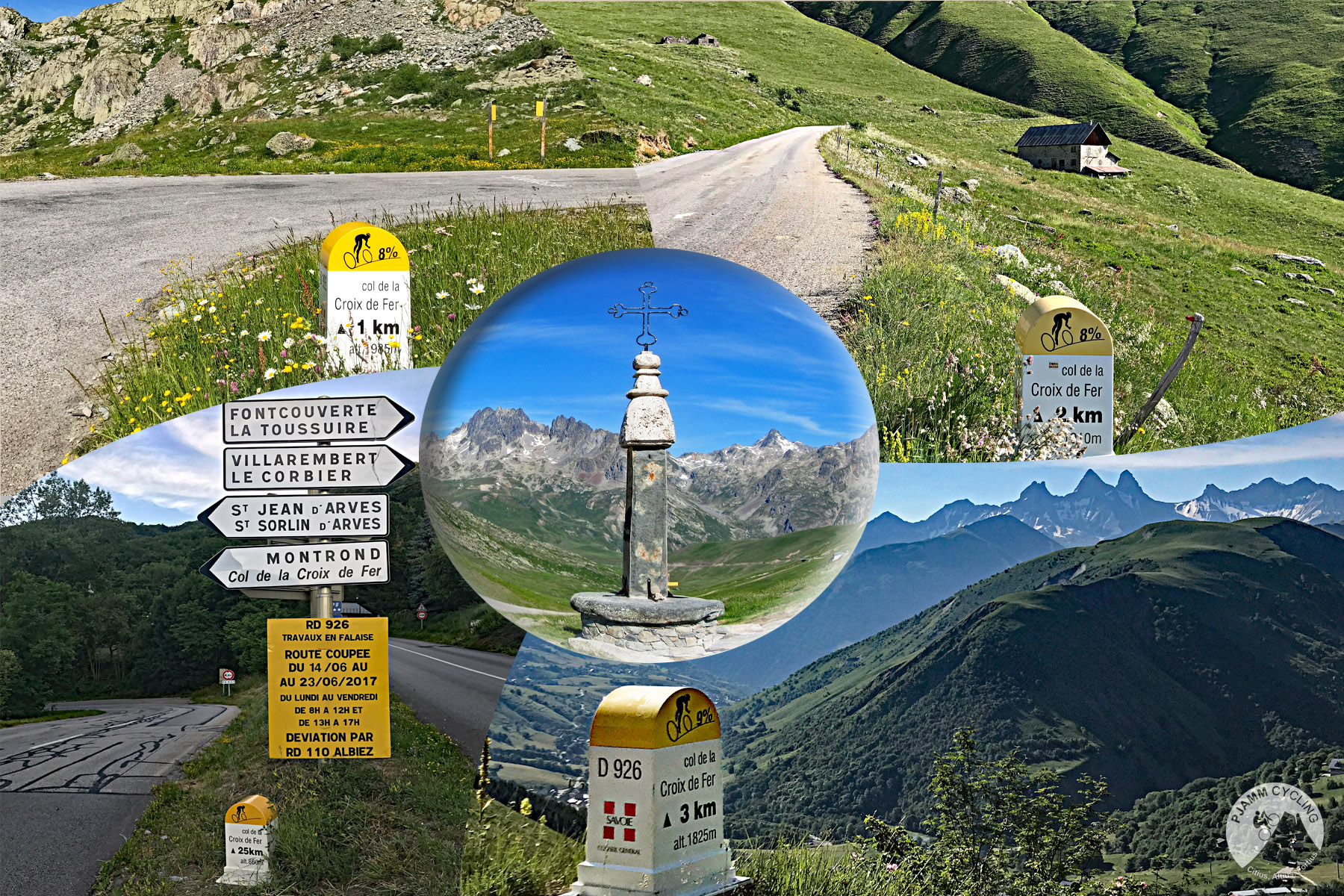 Cycling Col d la Croix de Fer from Saint-Jean-de-Maurienne - photo collage shows iron cross at summit, KM markers along the way, roadsigns