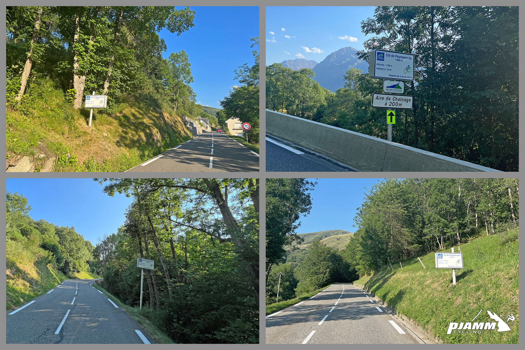 photo collage shows views along the climb, tree-lined roadway with mountains in distance