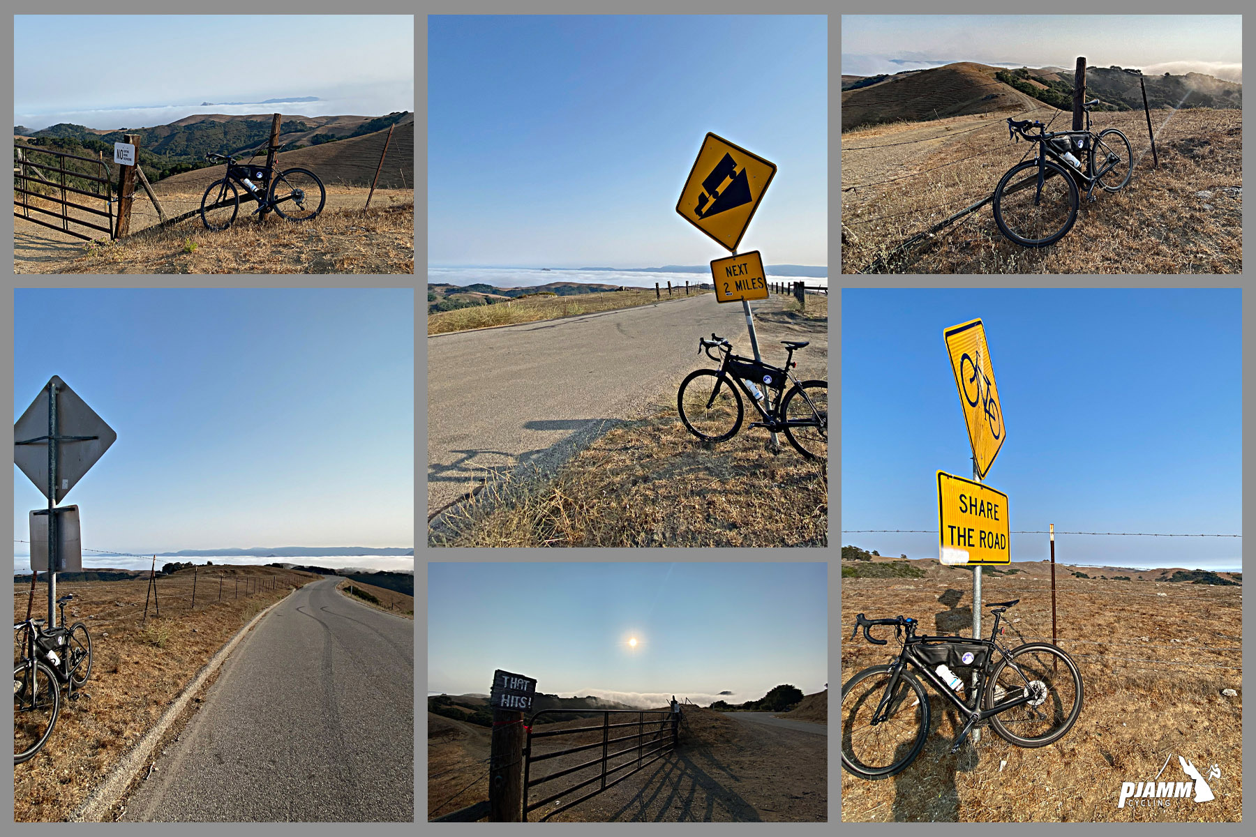 photo collage shows views along the last two miles of the ride, including bike parked next to share the road sign and sign for steep grade next two miles, bike parked against fence on roadside with pastureland alongside, PJAMM Cycling logo in corner