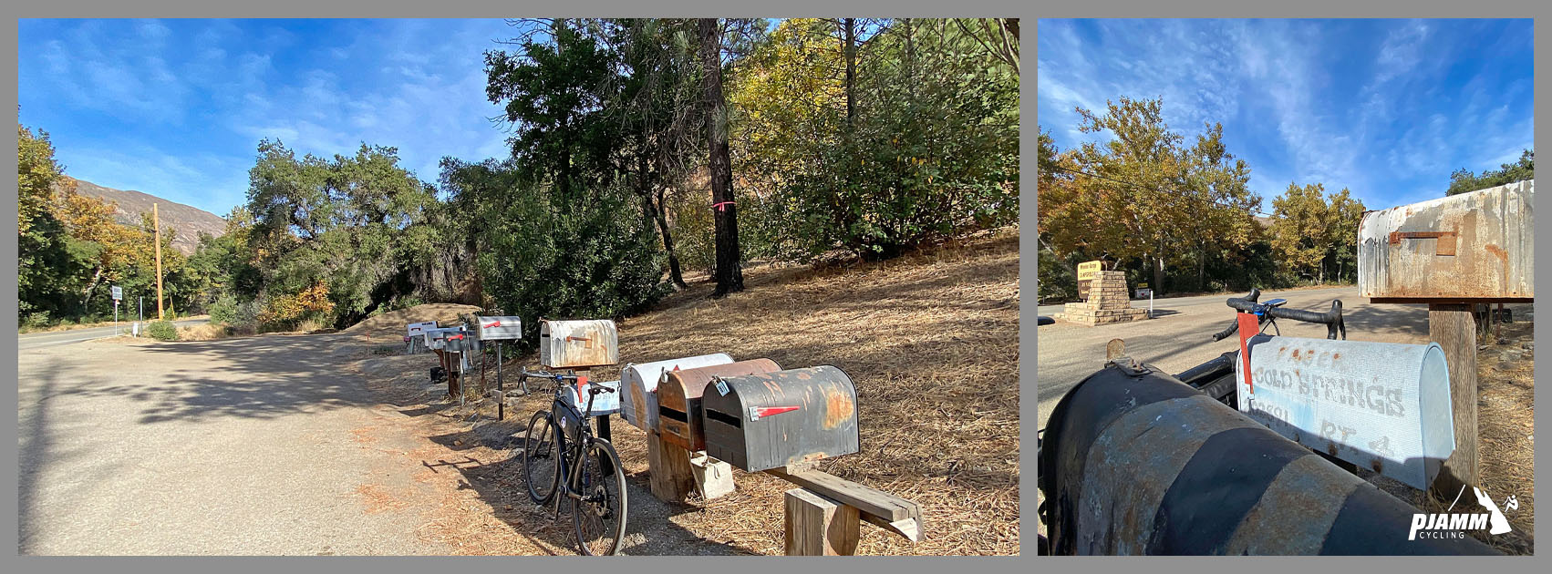 Cycling Highway 33 to Pine Creek Summit  - bike parked against row of mailboxes on climb