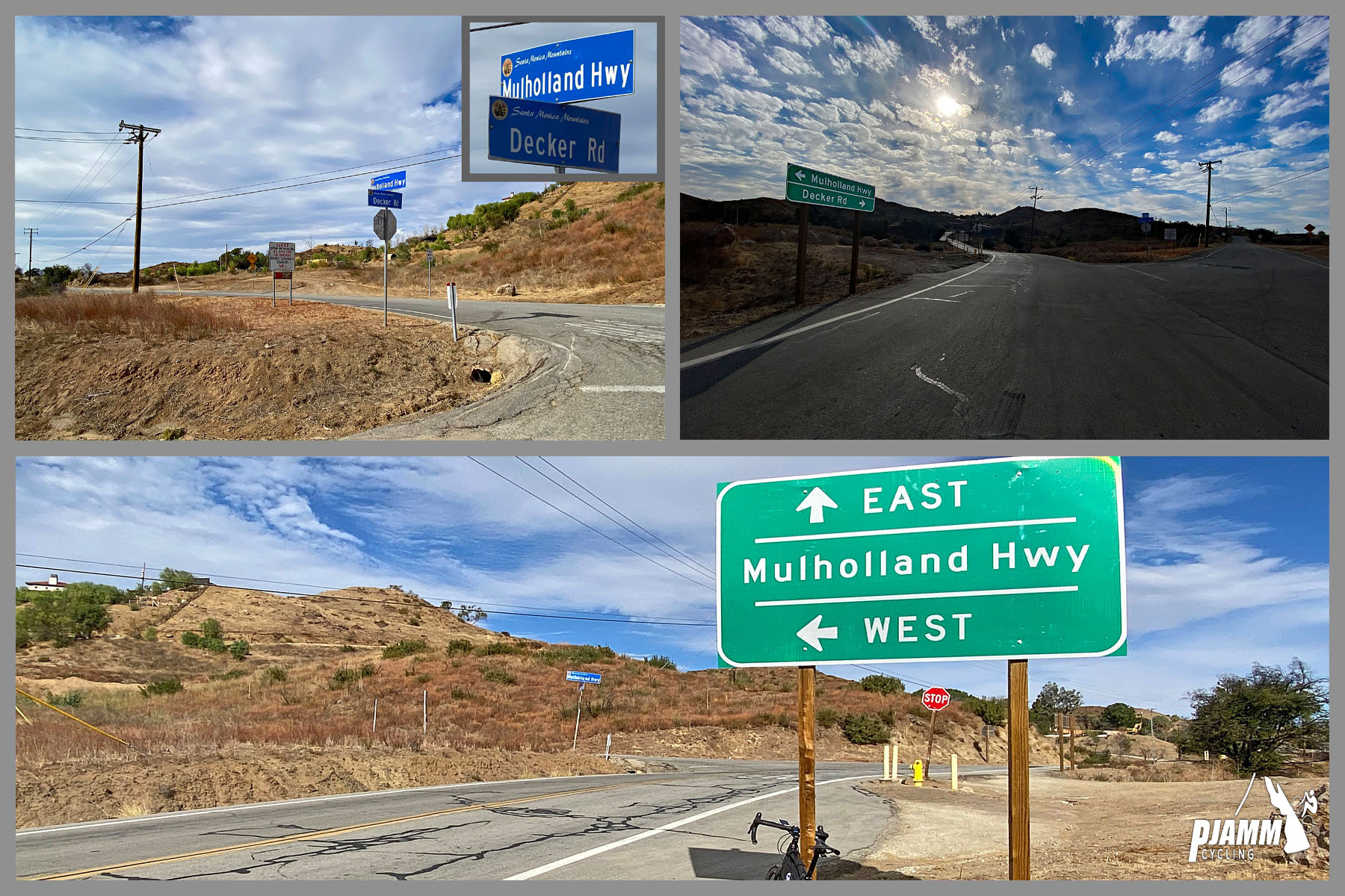 Cycling decker Road to Yerba Buena high point - bike parked next to sign for Mulholland Highway