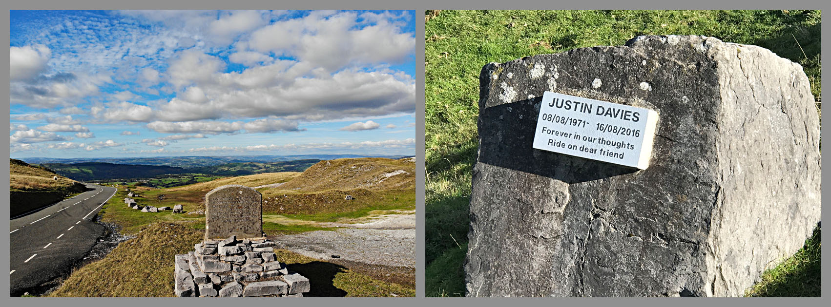 Cycling Black Mountain, Wales - view of stone monument along roadside on hill, plaque reads "Justin Davies, forever in our thoughts, ride on dear friend" 