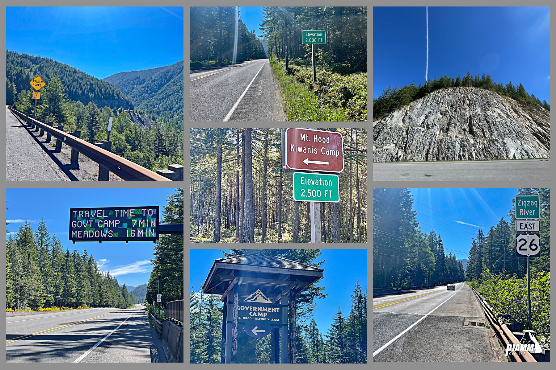 Views along the climb, including signs for Mt. Hood Kiwanis Camp, lodging, rock walls, evergreen trees