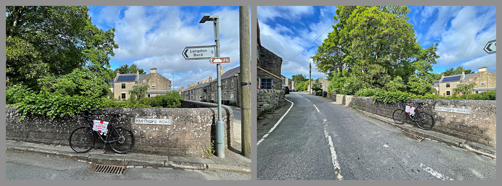 bike parked against stone wall along Marthope Road, sign for Langdon Beck