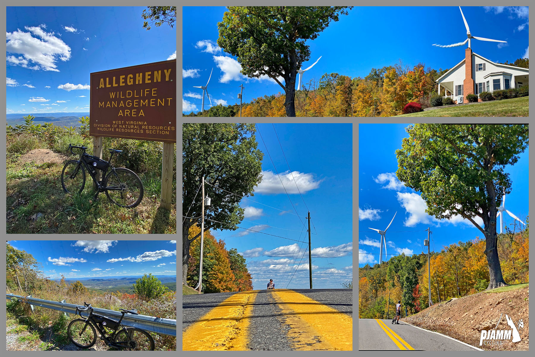 Cycling Woodland Lane, West Virginia - fall foliage, bright blue skies, and windmills on last half of bike climb