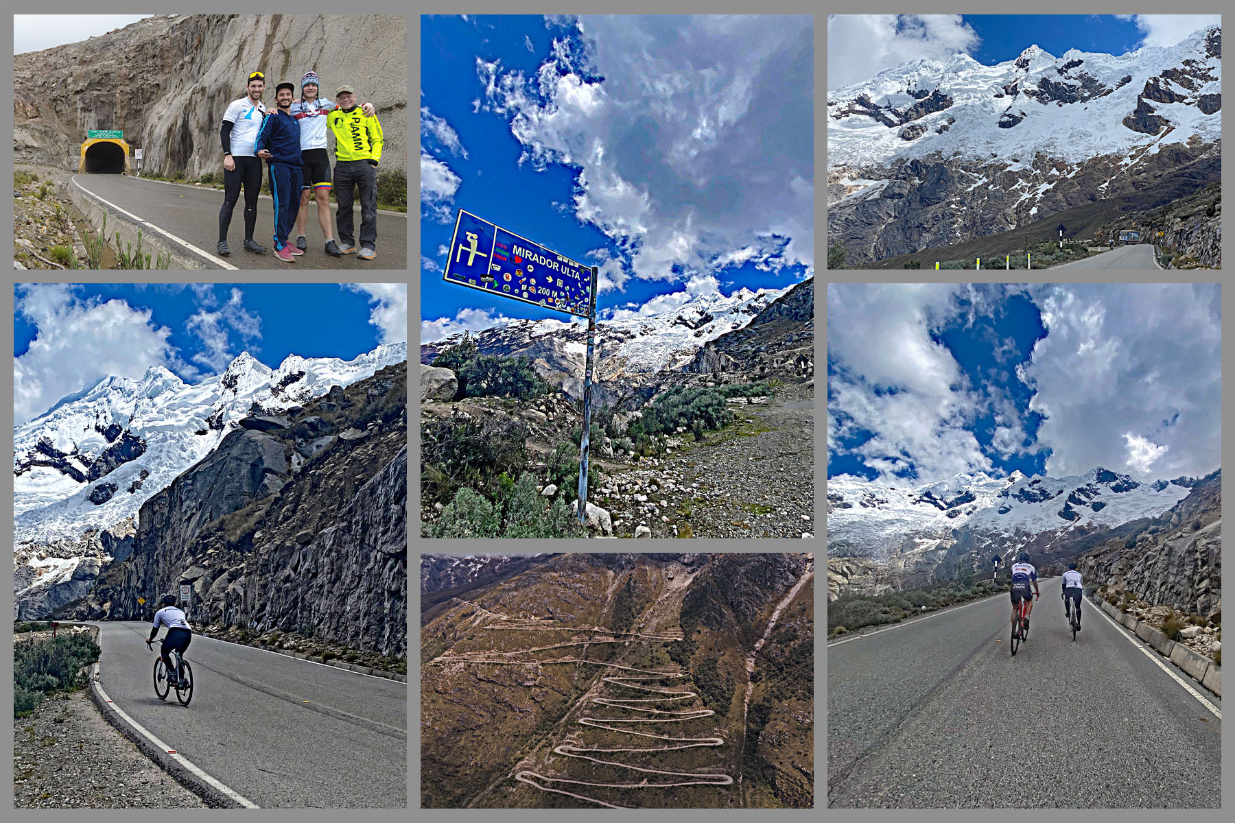 photo collage, PJAMM Cyclists smile in roadway in front of tunnel, PJAMM Cyclists ride toward finish of climb, snow covered mountain peaks in front of them, sticker covered sign, views of hairpins, PJAMM Cycling logo in corner