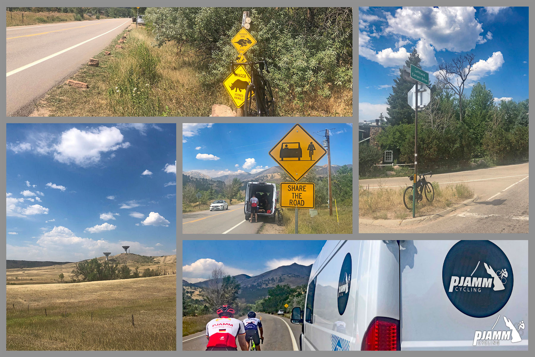 Cycling Left Hand Canyon, Boulder, Colorado - photo collage, PJAMM Cycling logo in corner, bike parked against road sign warning of wild pigs, views of wide open plains, PJAMM cycling SAG van driving near two cyclists on the road, van stopped next to Share the Road sign