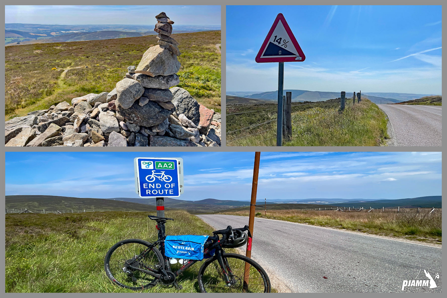 photo collage shows stone cairn, sign for 14% grade, and sign with a bike on it reading "End of Route"