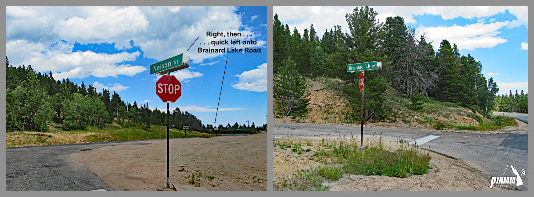 Cycling Left Hand Canyon, Boulder, Colorado - photo collage, PJAMM Cycling logo in corner, stop sign along Nelson Street, stop sign along Brainard Lake Road