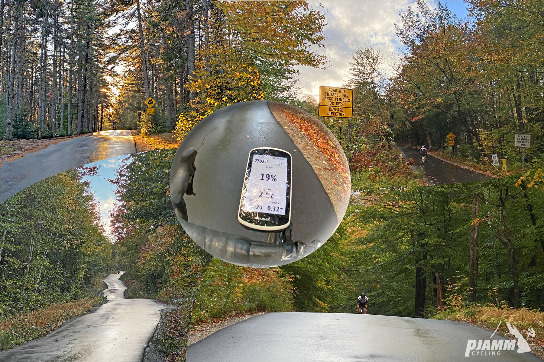 Cycling Hurricane Road East, New Hampshire - photo collage,  Garmin device reading 19% grade, one-lane, wet roadway surrounded in forestation and fall foliage, PJAMM Cycling logo in corner