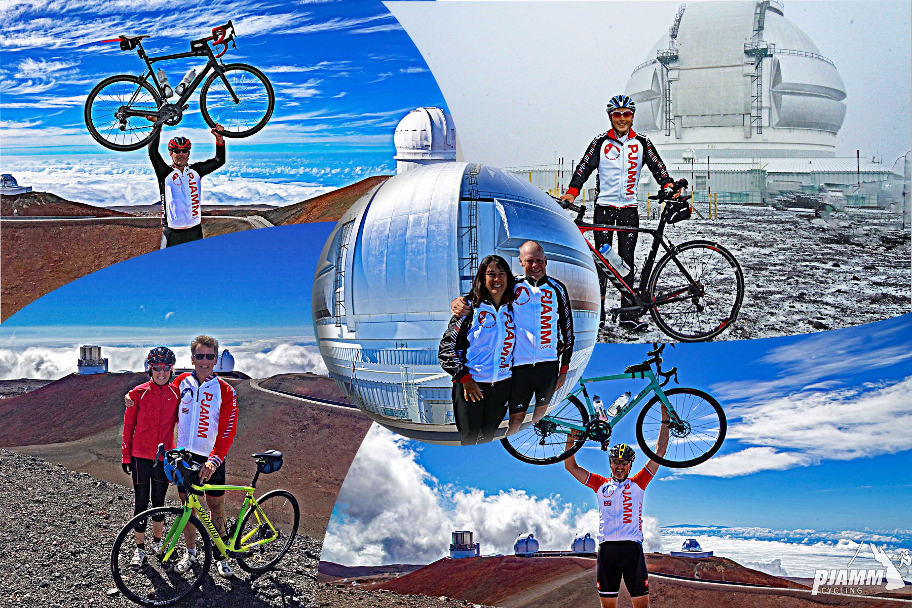 Cycling Mauna Kea, Hawaii - photo collage, PJAMM Cycling logo in corner, PJAMM Cycling's summits of Mauna Kea as seen over the years