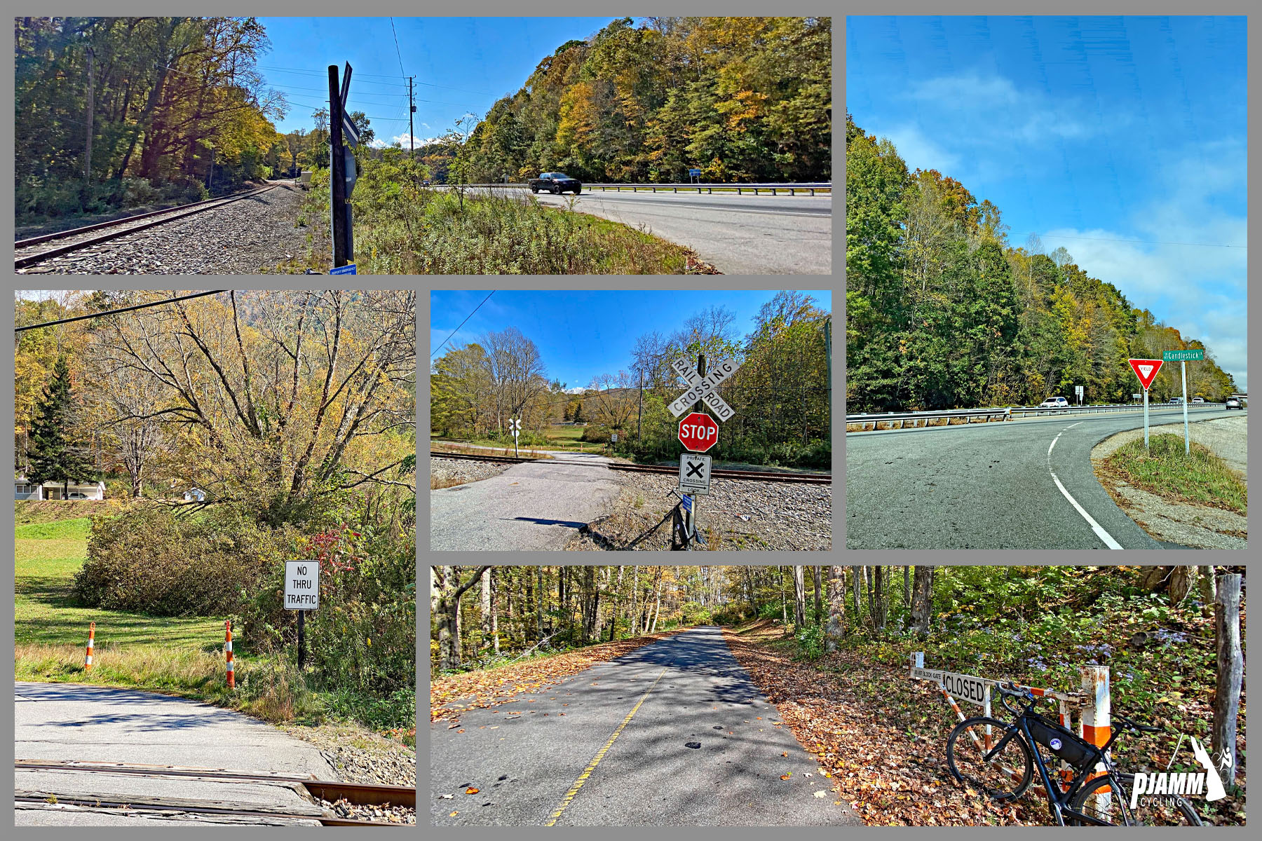 Cycling Richland Balsam, Blue Ridge Parkway - photo collage, getting on to Blue Ridge Parkway at mile 3.7, train tracks cross intersection, stop sign, PJAMM Cycling logo in corner