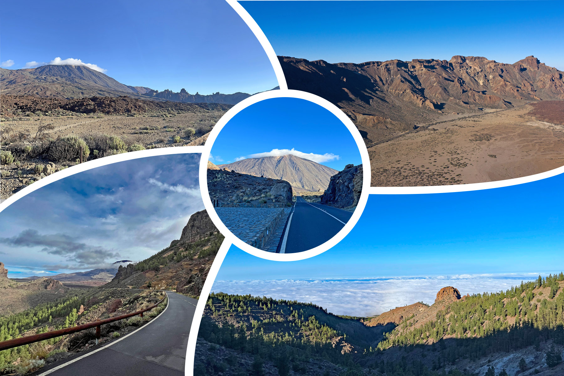 Cycling Mount Teide El Medano, Spain photo collage shows the segment of the climb between the National Park sign and the Visitor's Center, alpine setting, Mt. Teide in background