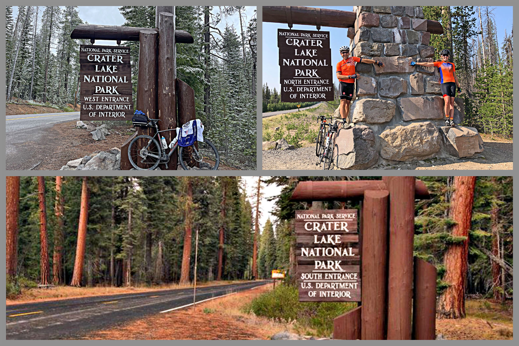signs at each of three three entrances to Crater Lake National Park