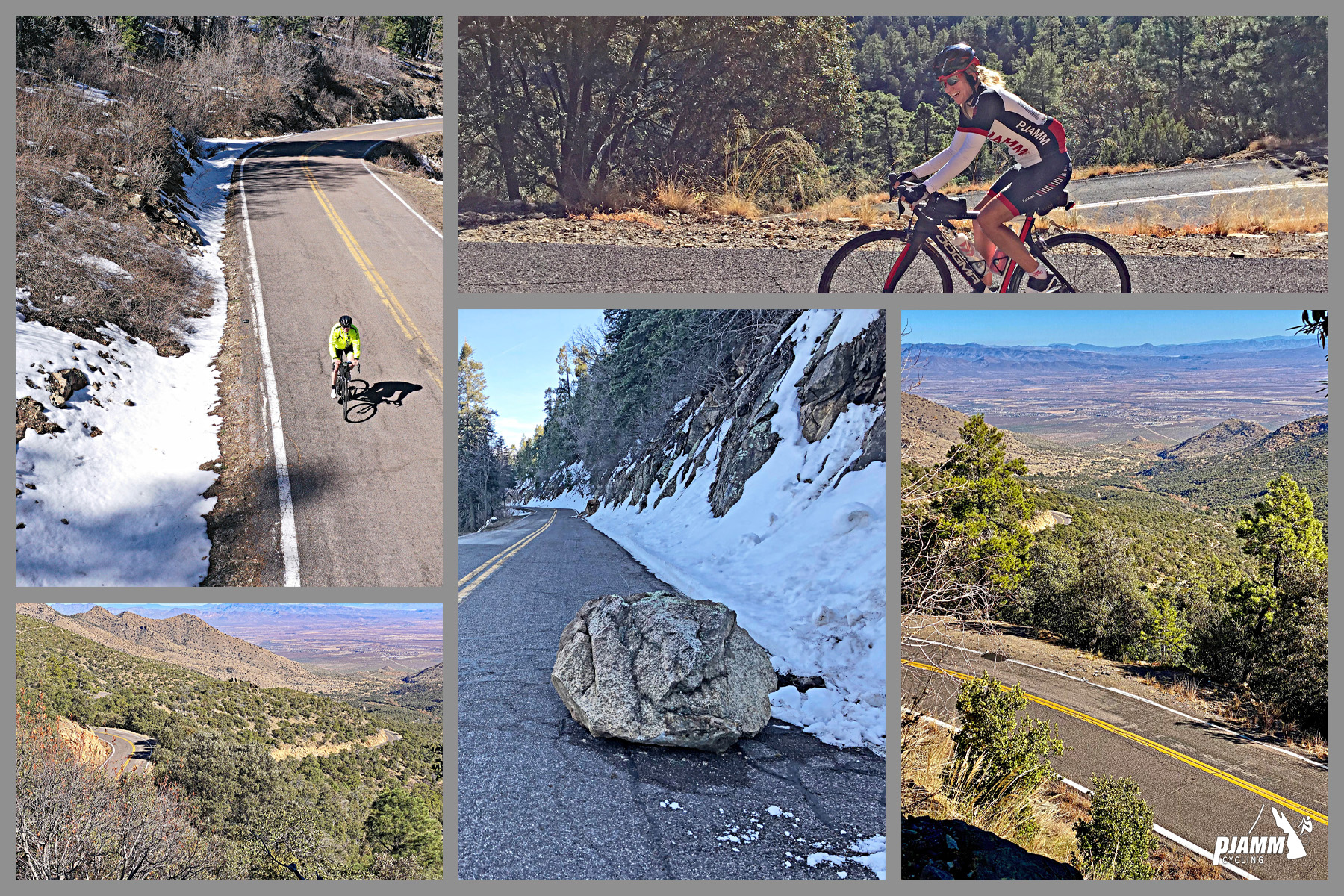Cycling Mt. Graham, Arizona - photo collage, cyclist ride on two-lane roadway, snow on roadsides, large boulder fallen from hillside onto roadway, PJAMM Cycling logo in corner