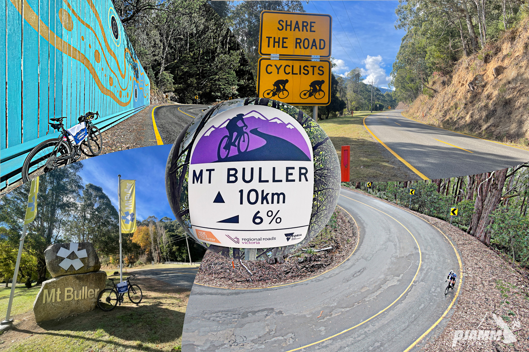Tour down Under KM Marker for Mt. Buller, Share the Road signs, bike parked next to rock with "Mt Buller" carved into it