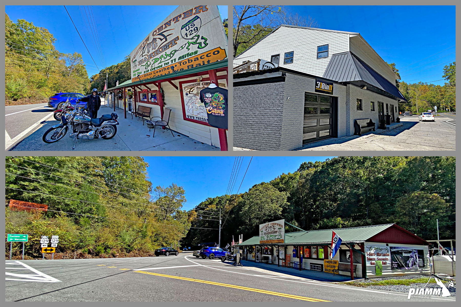 Cycling Head of the Dragon, Tennessee - photo collage,  Visitor center/gift shop, PJAMM Cycling logo in corner