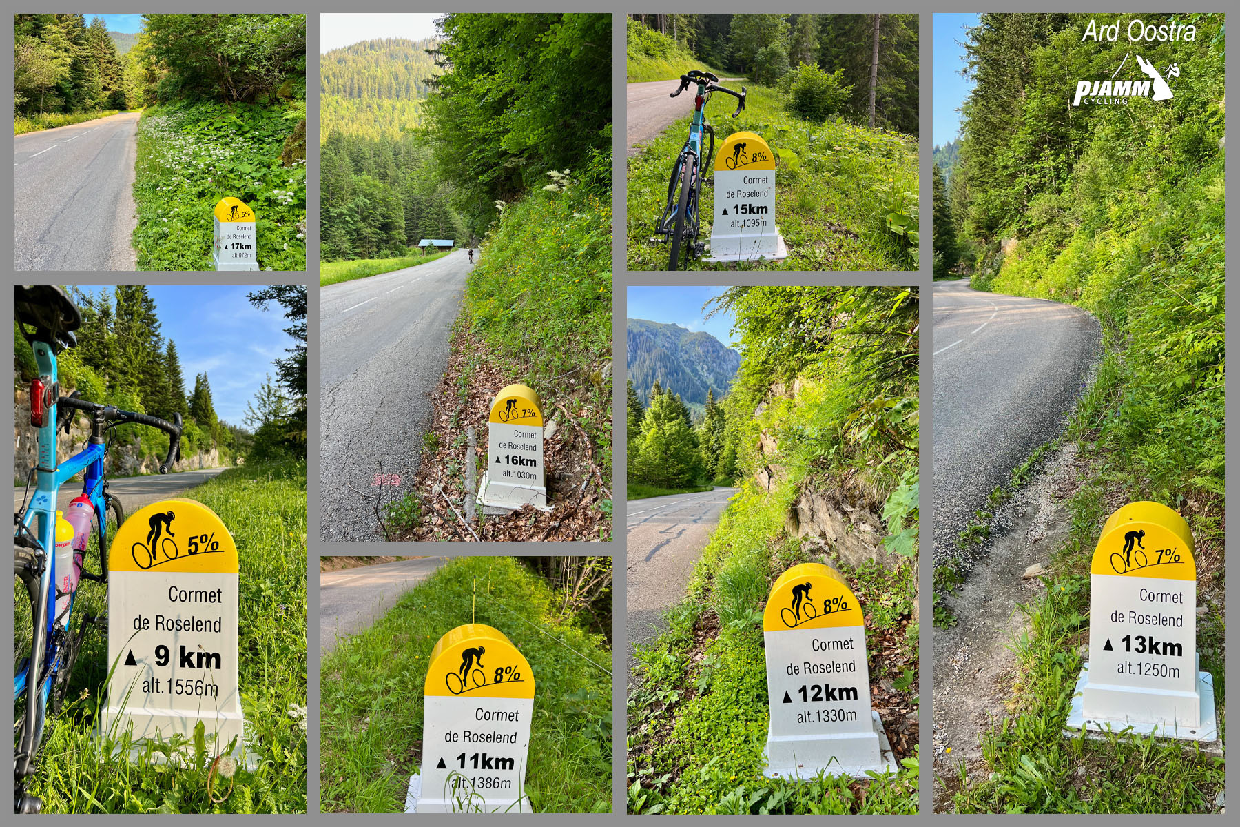 photo collage shows multiple yellow and white Tour de France kilometer markers nestled in greenery on roadside along climb route