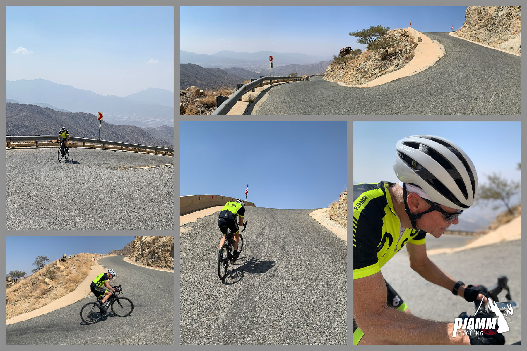 Cycling Sinan Road (Al Meger), Saudi Arabia - photo collage shows PJAMM Cyclist John Johnson working his way up incredibly steep grade of roadway