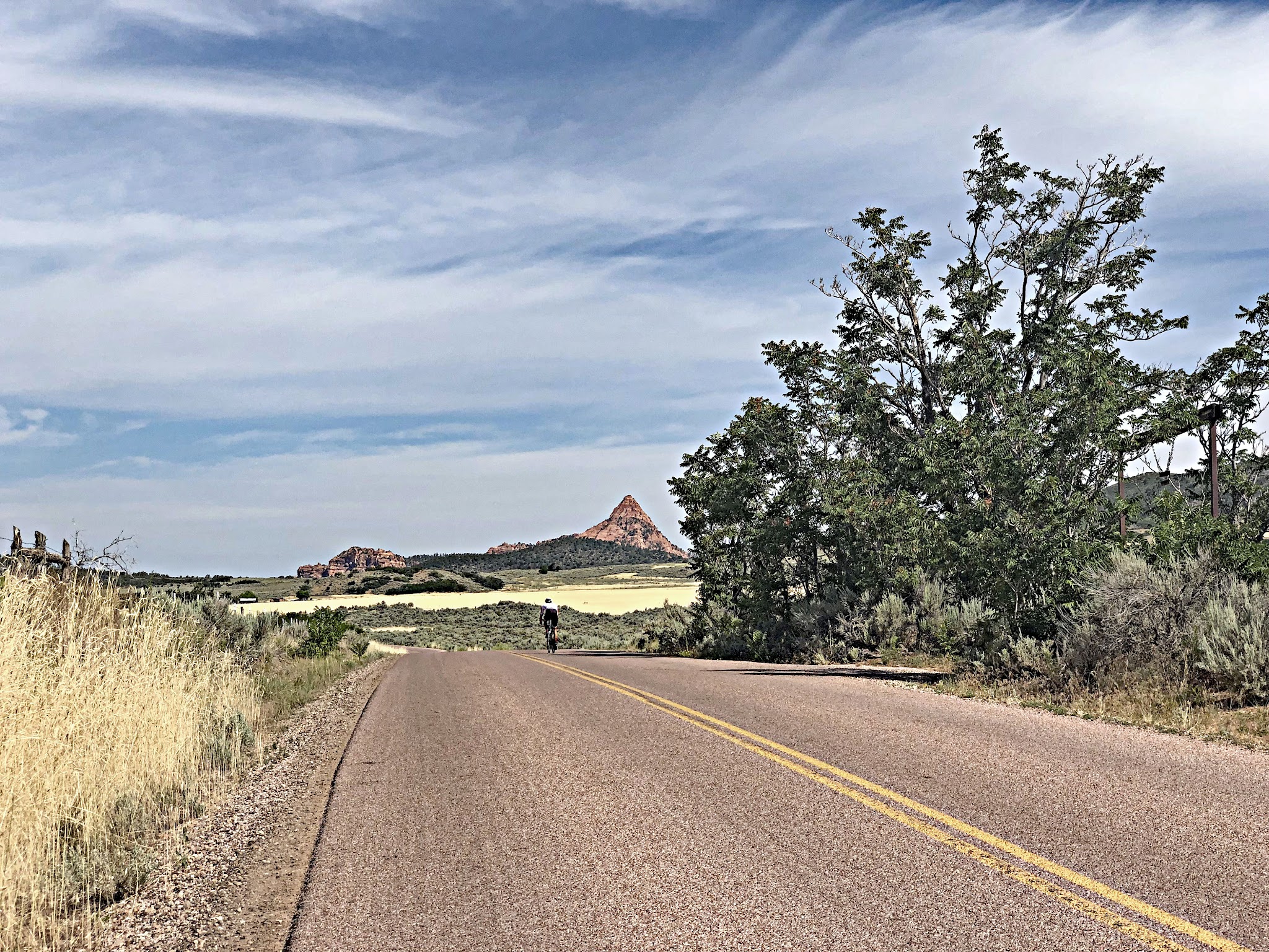Climbing by bike Kolob Terrace Road - cyclist on road with Red Butte in background