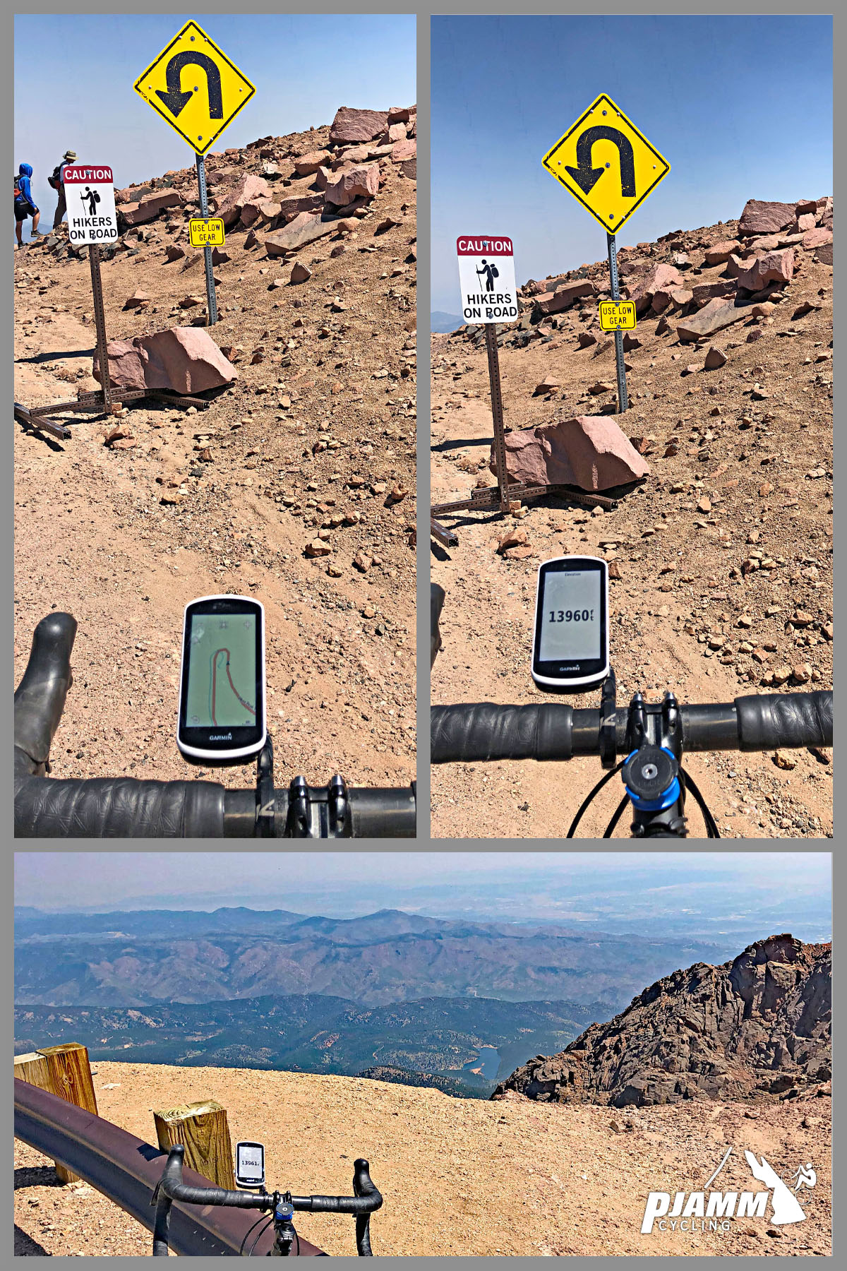 Cycling Pikes Peak - PJAMM Cycling logo in corner, Garmin reading 13,960 feet, signs for Hikers on Road