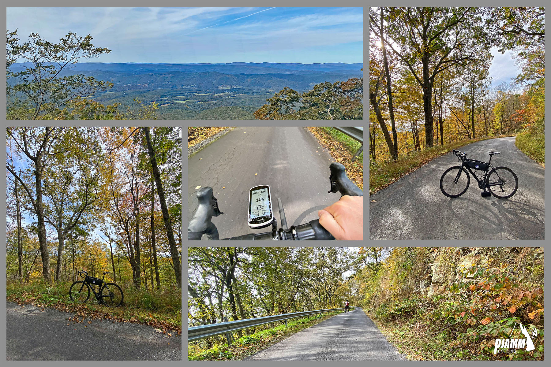 Cycling Reddish Knob, Virginia -  photo collage showing views along the climb, fall foliage, forestation, panoramic views over hillside, PJAMM Cycling logo in corner