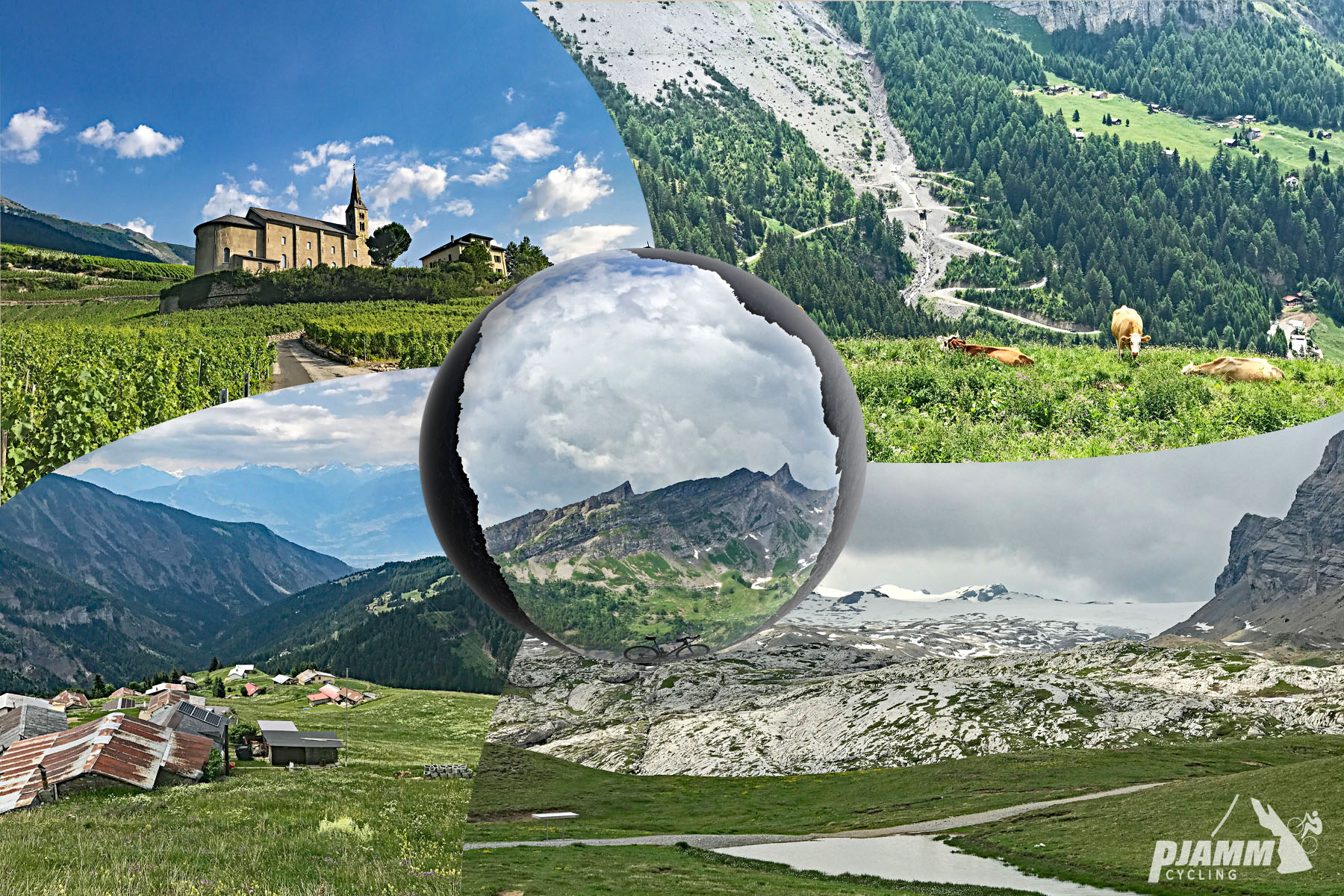 Cycling Sanetsch Pass, Switzerland - photo collage, Swiss countryside, Swiss alps, switchbacks up mountain side, Sanetsch Glacier, old church building with steeple, PJAMM Cycling logo in corner