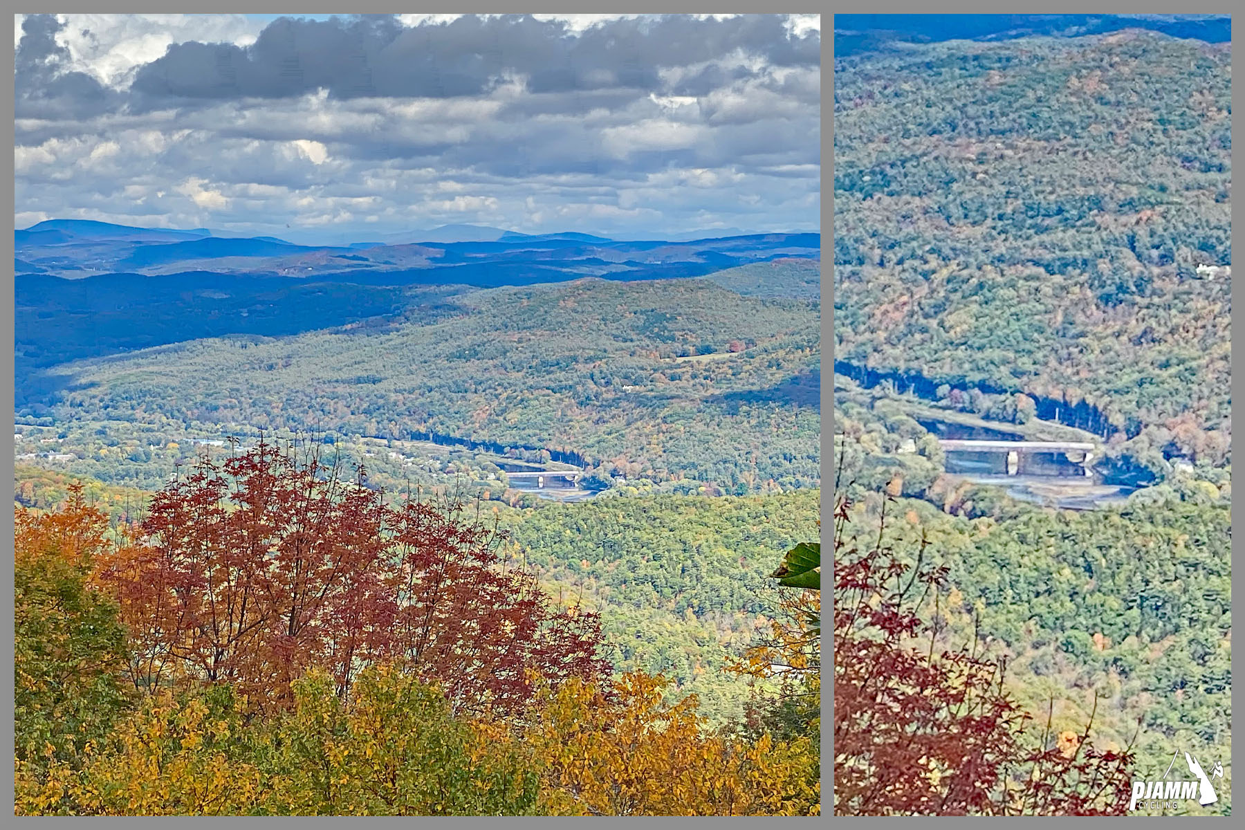 Cycling Mt. Ascutney, Vermont - the Cornish Covered bridge as seen from above during fall foliage season