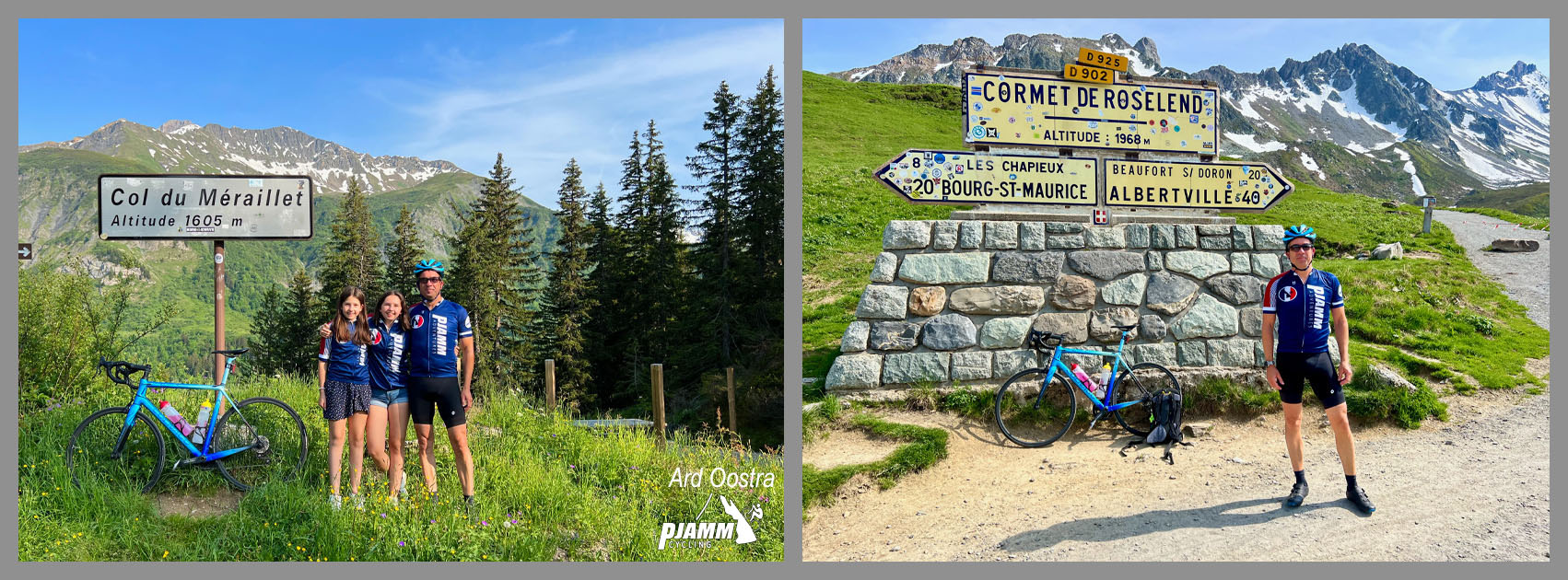 PJAMM Cyclist Ard Oostra stands next to signs for Col du Meraillet and Cormet de Roseland