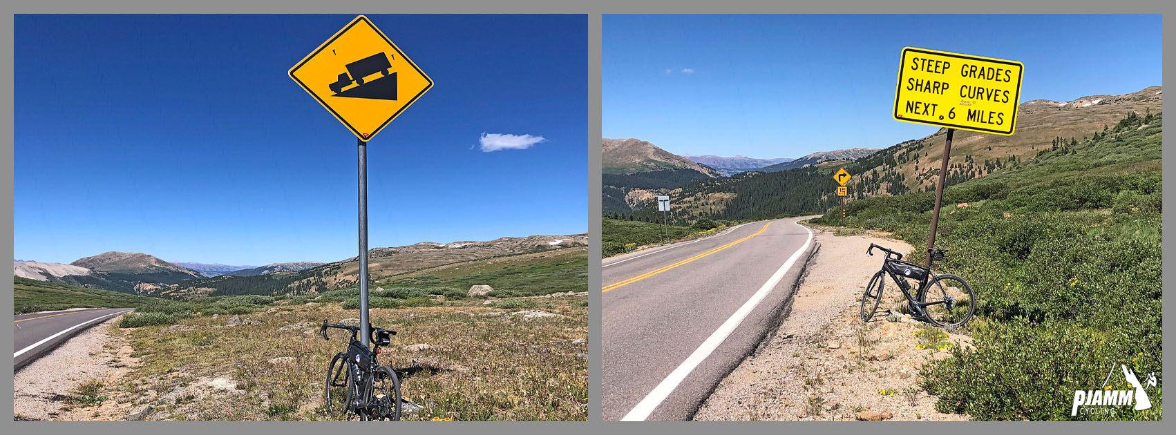 Cycling Independence Pass from Aspen, Colorado - PJAMM Cycling logo in corner, bike parked against road signs on side of road warning of steep descent