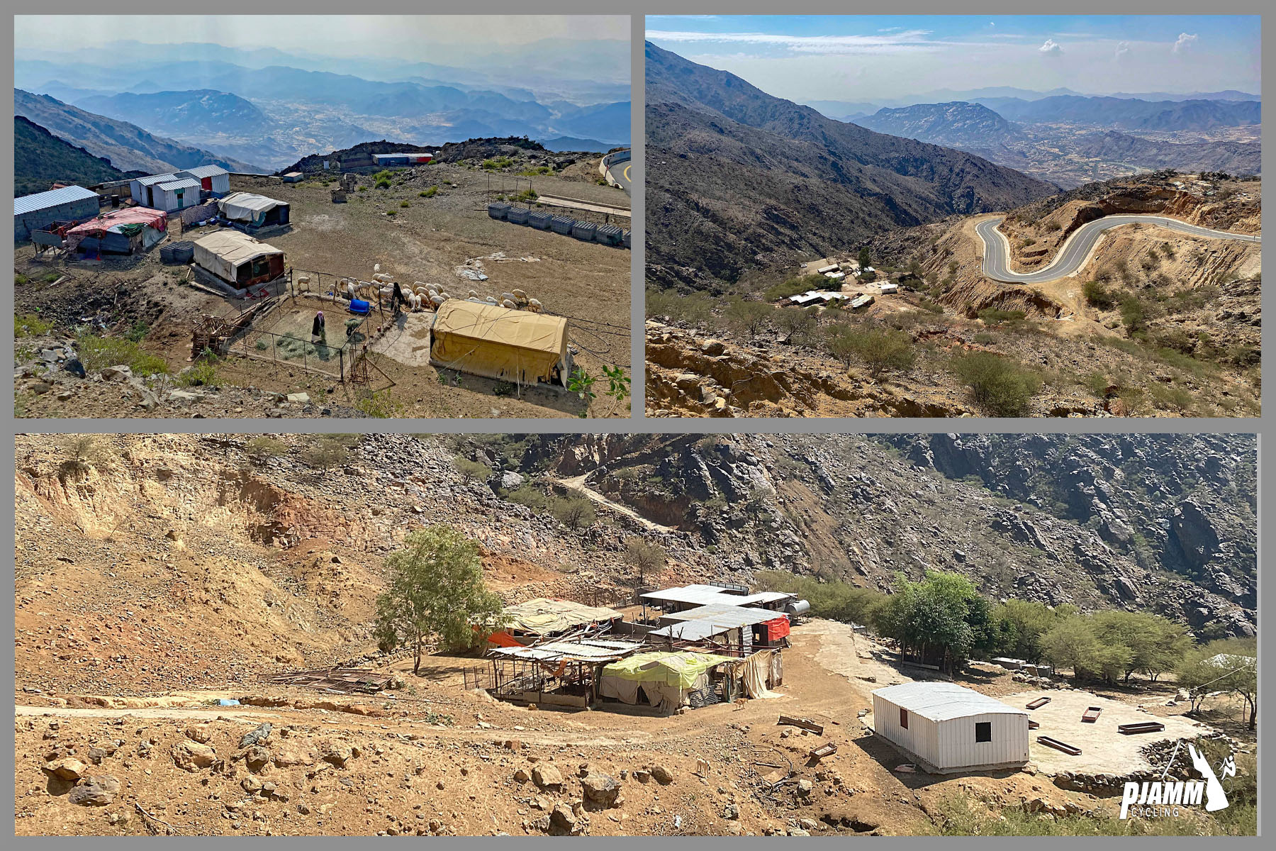 Cycling Bashout Pass, Saudi Arabia - photo collage, PJAMM Cycling logo in corner, small buildings for goat herders