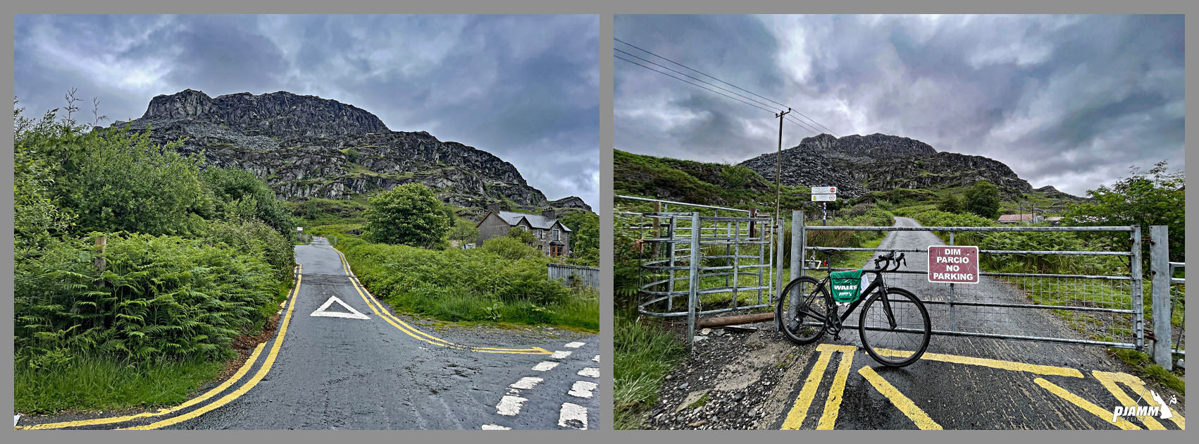 climb start, eastern edge of Tanygrisiau, bike parked in front of metal gate, one lane roadway