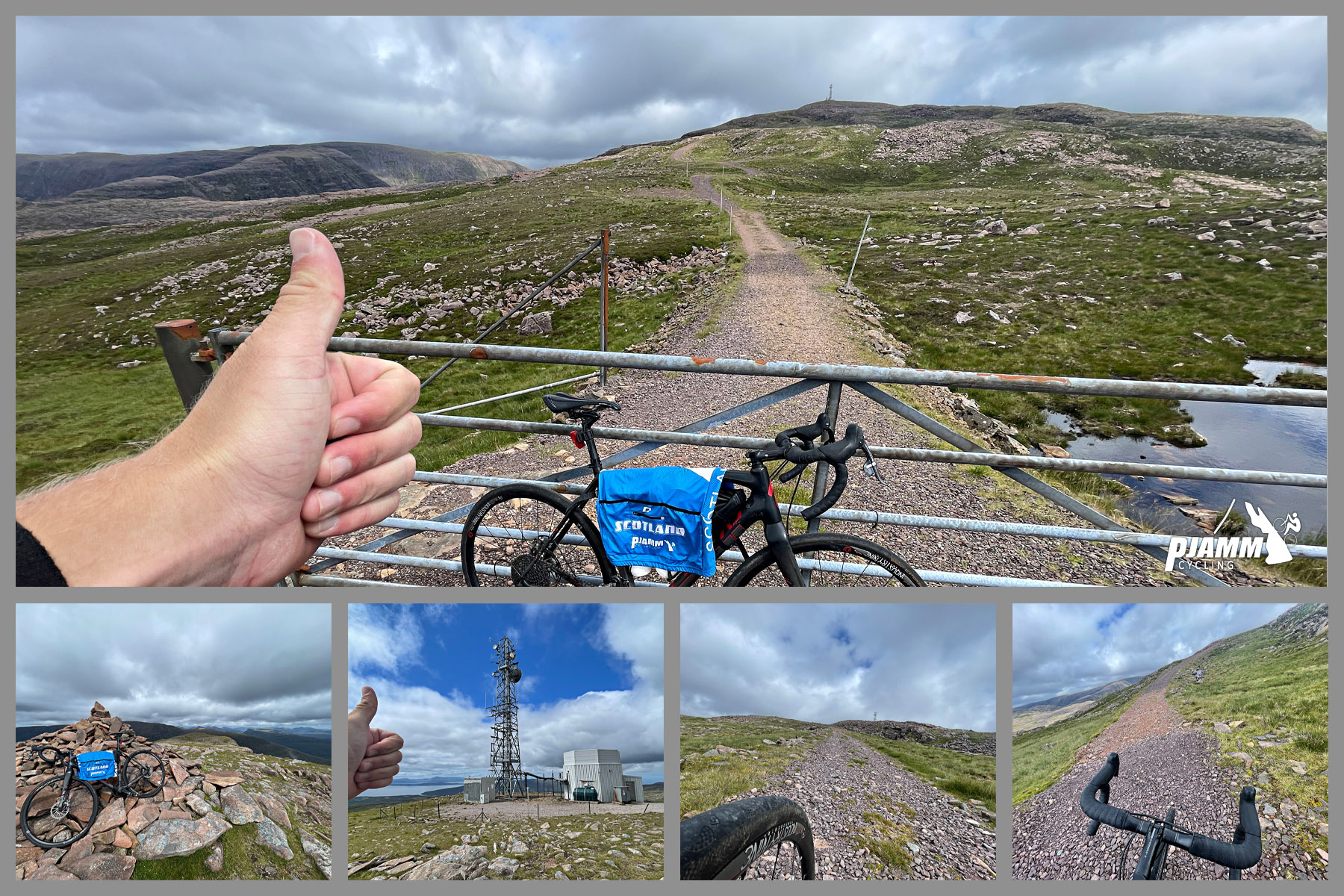 photo collage shows bike parked against metal fence, gravel road, radio tower