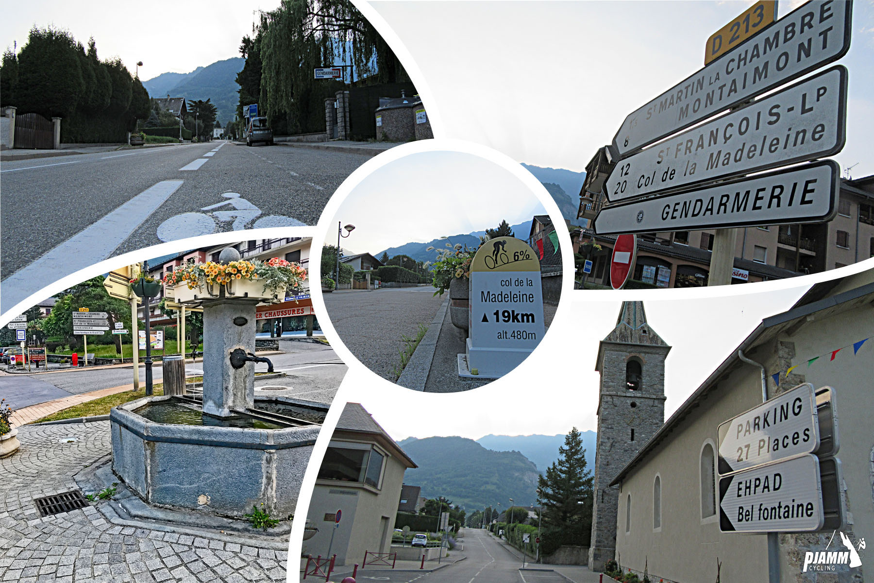 views within the village of La Chambre, KM marker 19; beautiful water fountain at intersection, street signs