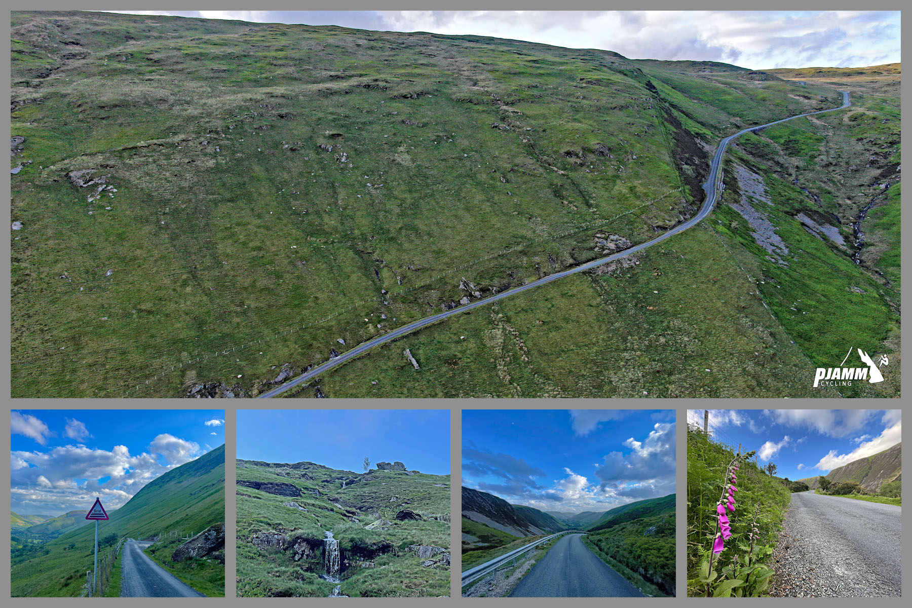 photo collage: aerial drone view shows Bwlch Y Groes roadway up green hillside, small waterfall can be seen on mountainside, pink wildflowers