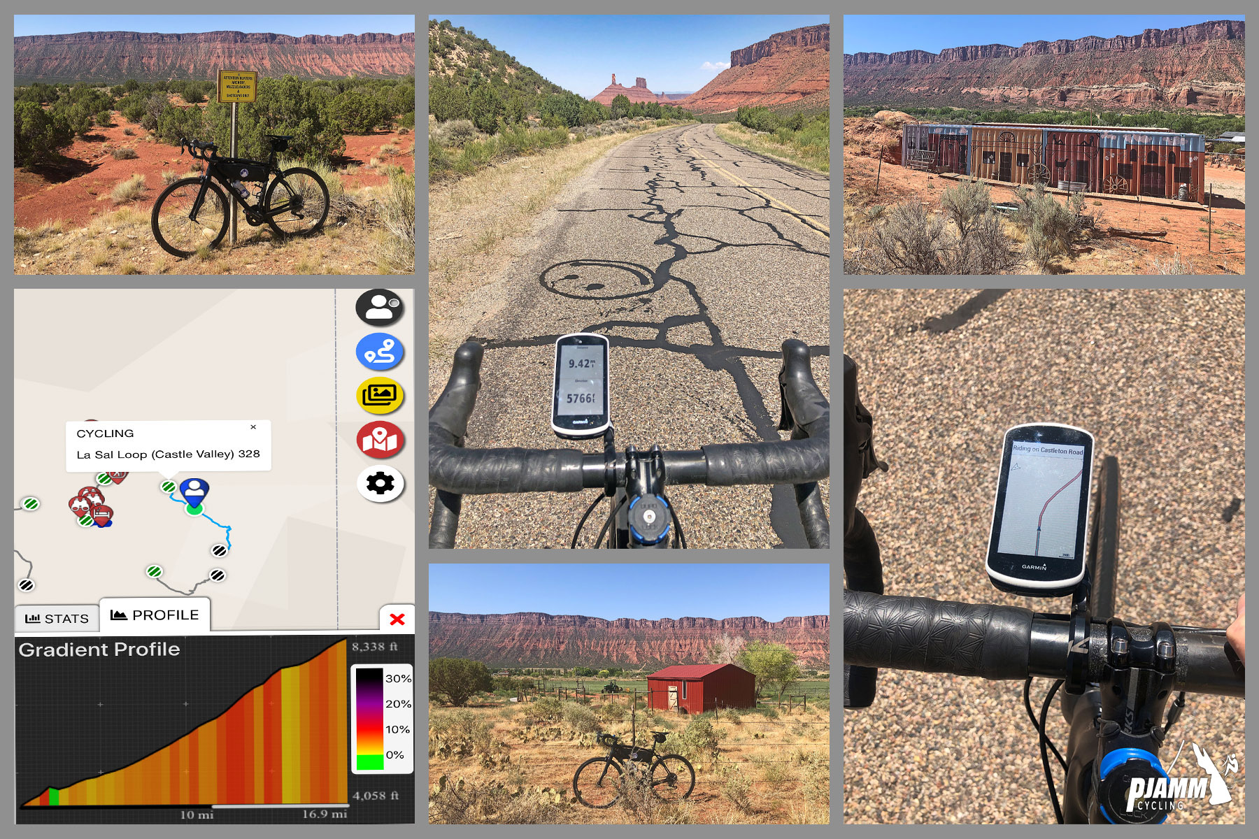 Cycling La Sal Loop Road at Castle Valley - photo collage, PJAMM Cycling logo in corner, climb map and gradient, Garmin device and bike handlebars in center of roadway pointed toward red bluffs in distance, bike parked next to road signs, small red barn in field in distance, smiley face painted on asphalt